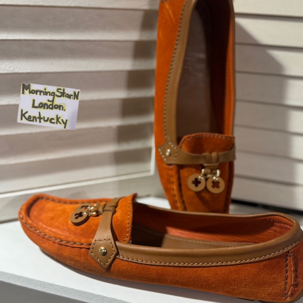 Louis Vuitton Orange Suede Loafers with Tan Trim
